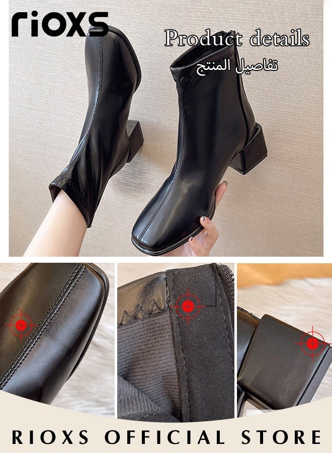 Women's Ankle Boots Mid Heel Square Toe Patent Leather Boots Chunky Heel Boots With Back Zippers