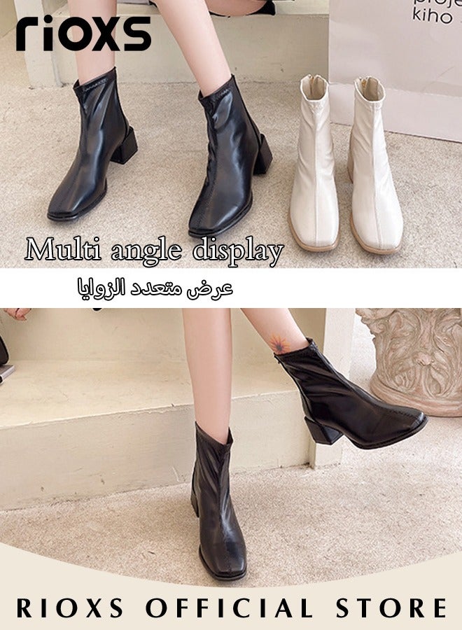 Women's Ankle Boots Mid Heel Square Toe Patent Leather Boots Chunky Heel Boots With Back Zippers