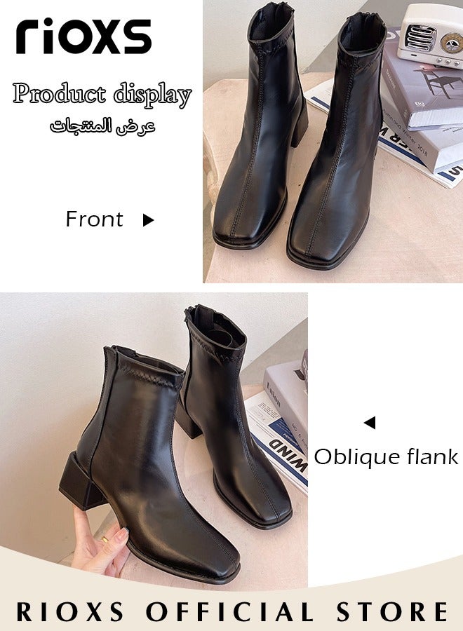 Women's Ankle Boots Mid Heel Square Toe Patent Leather Boots Chunky Heel Boots With Back Zippers