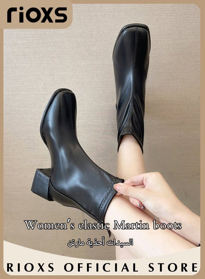 Women's Ankle Boots Mid Heel Square Toe Patent Leather Boots Chunky Heel Boots With Back Zippers