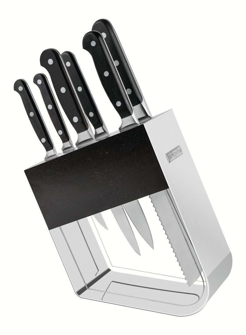 Century 7 Pieces Knife and Block Set with Stainless Steel Blade and Black Polycarbonate Handle, Made BRAZIL