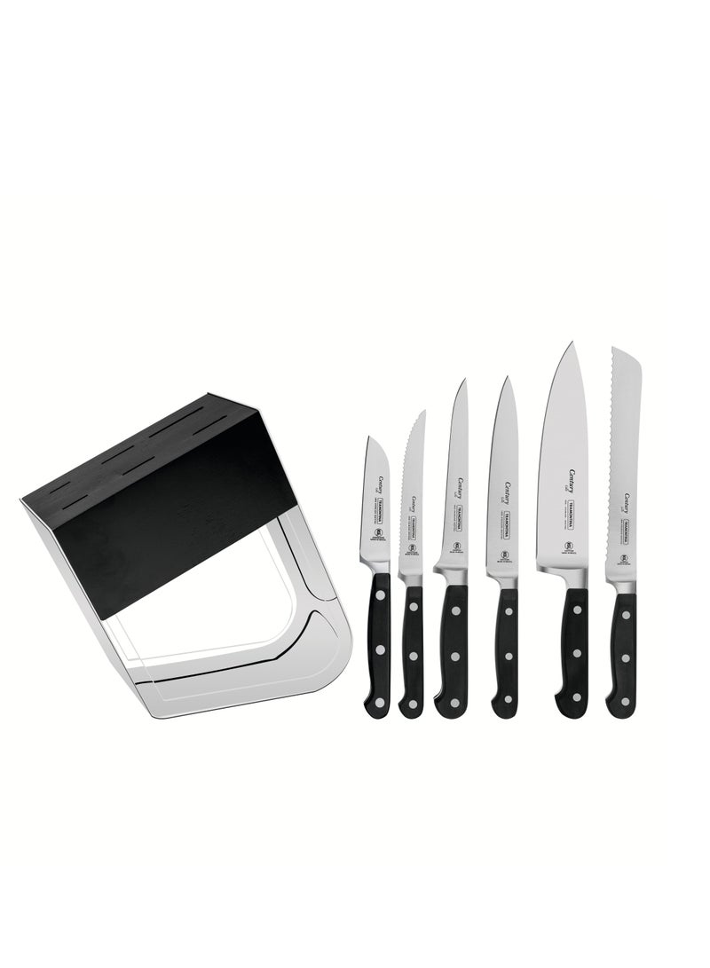 Century 7 Pieces Knife and Block Set with Stainless Steel Blade and Black Polycarbonate Handle