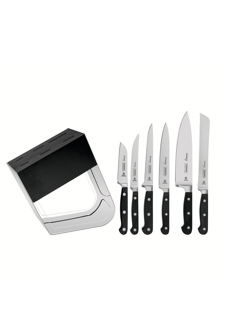 Century 7 Pieces Knife and Block Set with Stainless Steel Blade and Black Polycarbonate Handle, Made BRAZIL