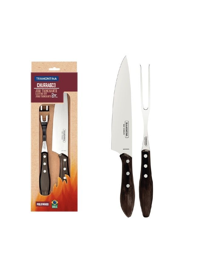 Tramontina 3 Piece Barbecue Churrasco Set - Stainless Steel Professional Sharp Chef Carving Knives And Forks Set With Plywood Handles.