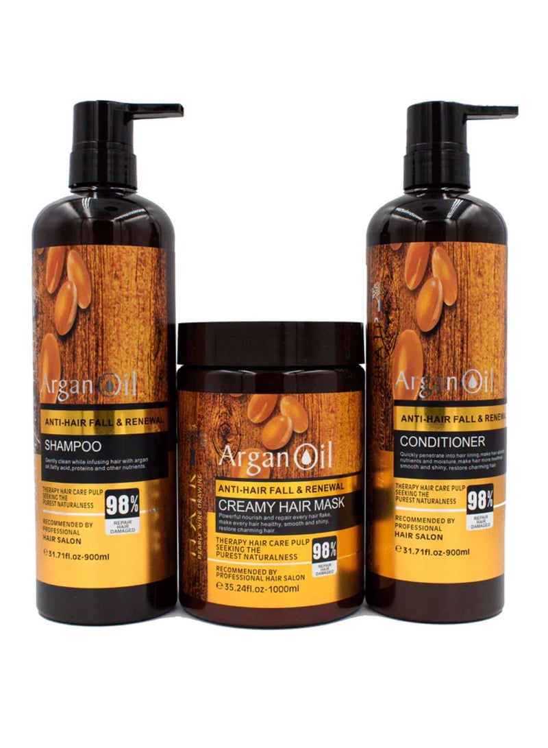 Argan Oil Anti-Hair Fall & Renewal Hair Care Set 1x3 (Shampoo 900ml, Conditioner 900ml And Hair Mask 1000ml)