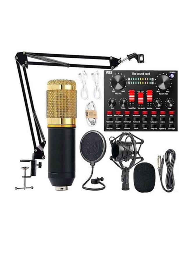 Professional Condenser Microphone With V8S Live Sound Card And Studio Recording Broadcasting Set Black/Gold