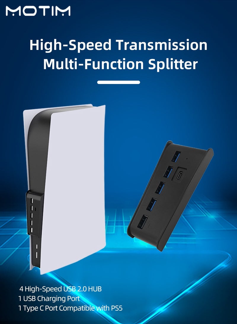 5 Port USB Hub for PS5 High Speed Transmission Multi Function Splitter 4 High Speed USB 2.0 HUB and 1 USB Charging Port and 1 Type C Port Compatible with PS5