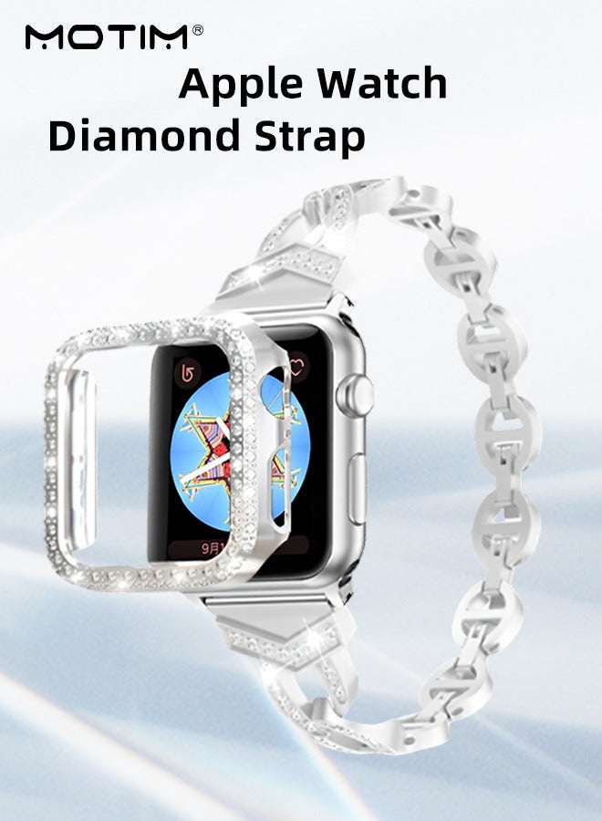 Compatible with Apple Watch Band + Case Series 8 Series 7 SE Series 6/5/4/3/2/1 Universal Sparkling Bling Diamonds Bracelet for iWatch Band Womens
