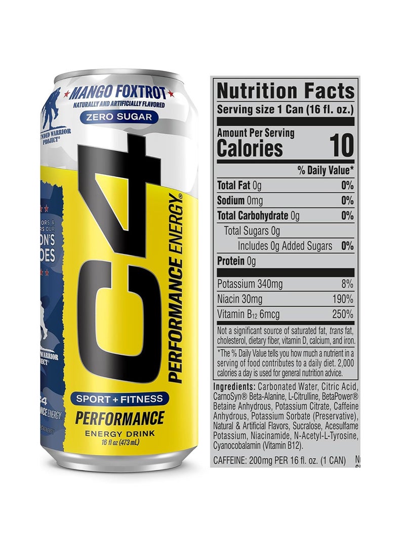 C4 Energy ZERO SUGAR Carbonated Drink Mango Foxtrot Pack of 12 473 ML