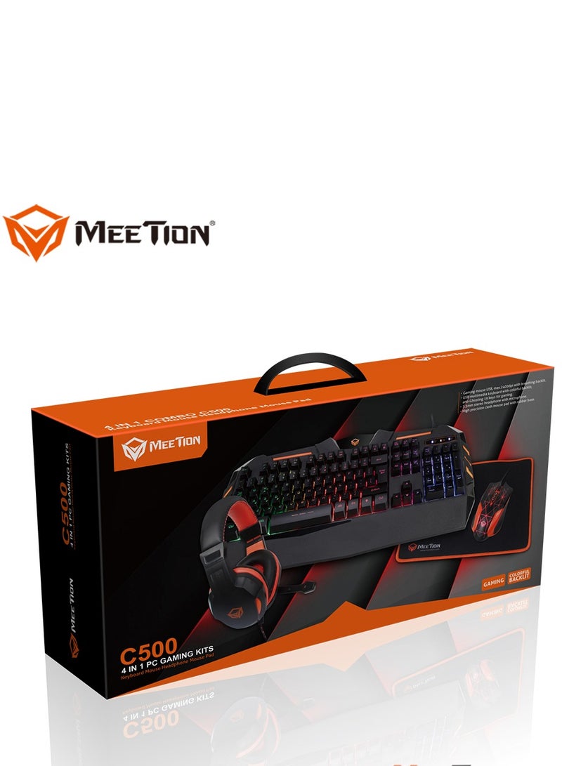 Meetion 4 in 1 C-500 PC Backlight Gold Plating USB Ergonomic Gaming Mouse Rainbow Keyboard and Mouse Pad Combo Comfortable and Soft Keys