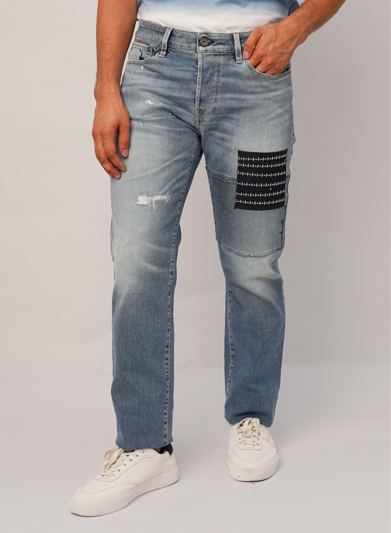 Men’s Pull on Casual Ribbed Faded Denim Jeans in Denim Blue