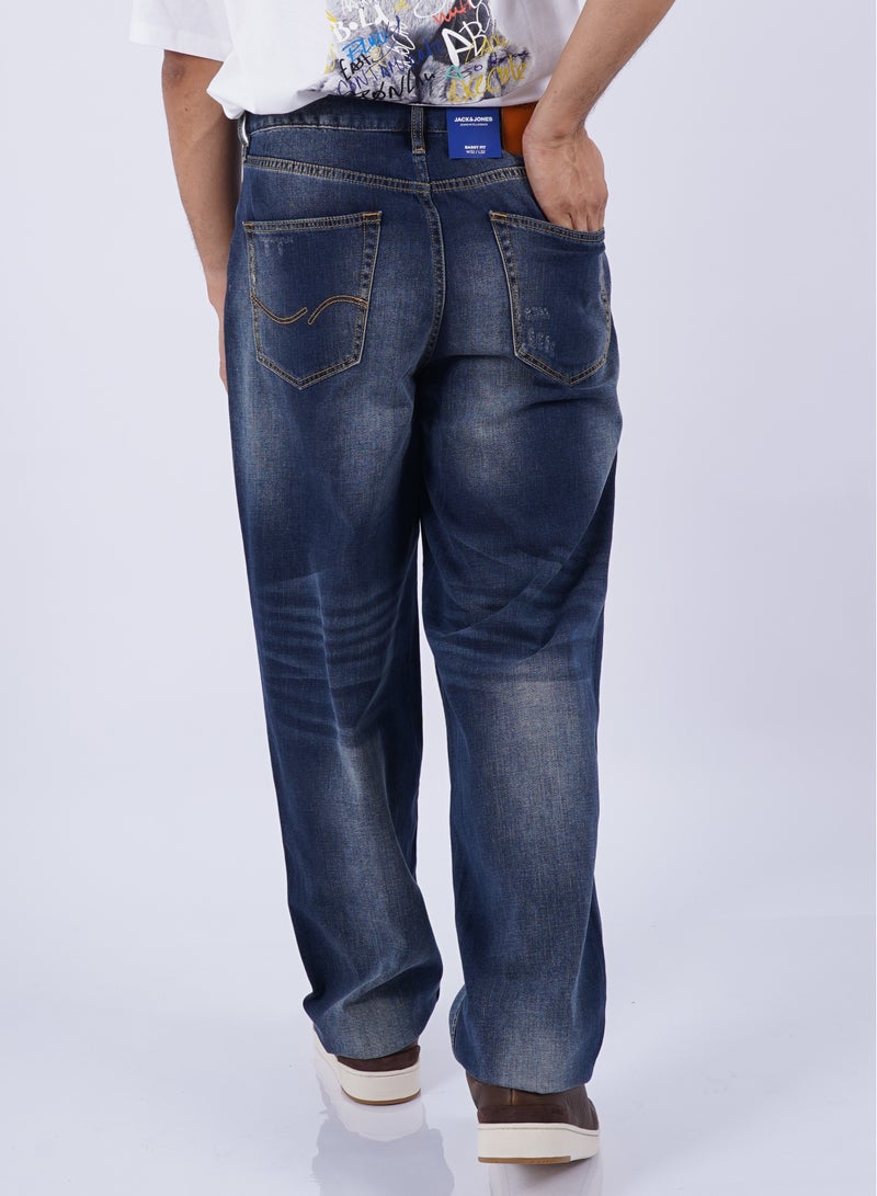 Men's Full Length Patched Baggy Denim Jeans in Dark Blue