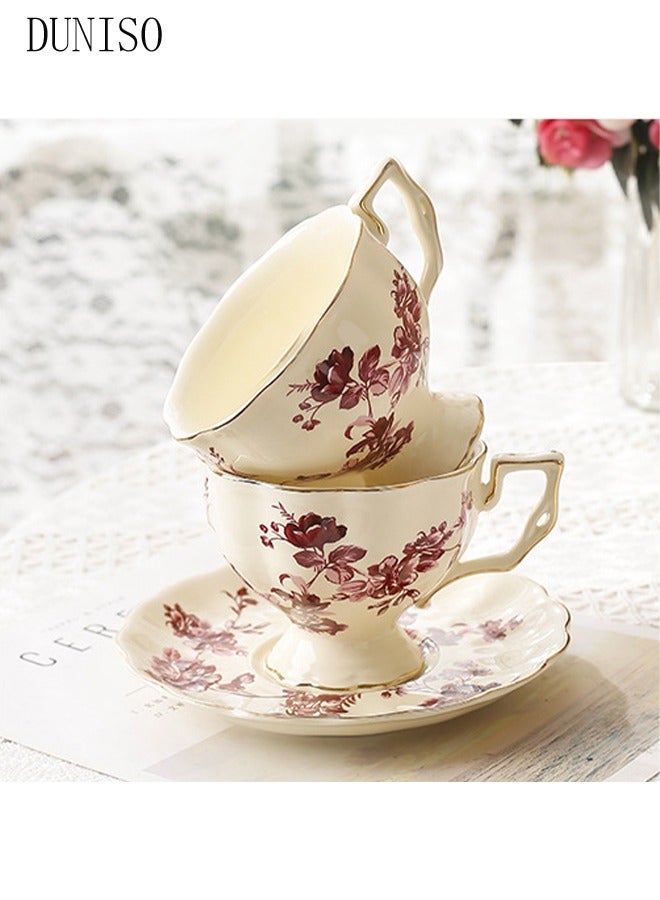 French Retro Phnom Penh Tea Cups and Saucers Set Porcelain Tea Set for Tea Party Floral Afternoon Tea Cups Saucer for Coffee Milk Kitchen and Drawing Room