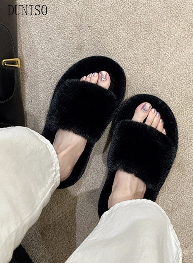 Women's Fuzzy Slippers Comfy Plush House Slippers for Indoor Outdoor Fluffy Open Toe Warm Breathable Anti-skid Sole Gift Slippers for Women and Girls