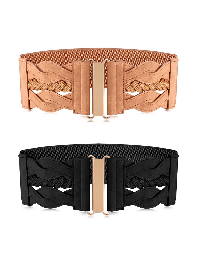 2 Pieces Women's Waist Belt Wide Elastic Retro Belt Stretchy Wide Waist Belt Cinch Retro Buckle Belt