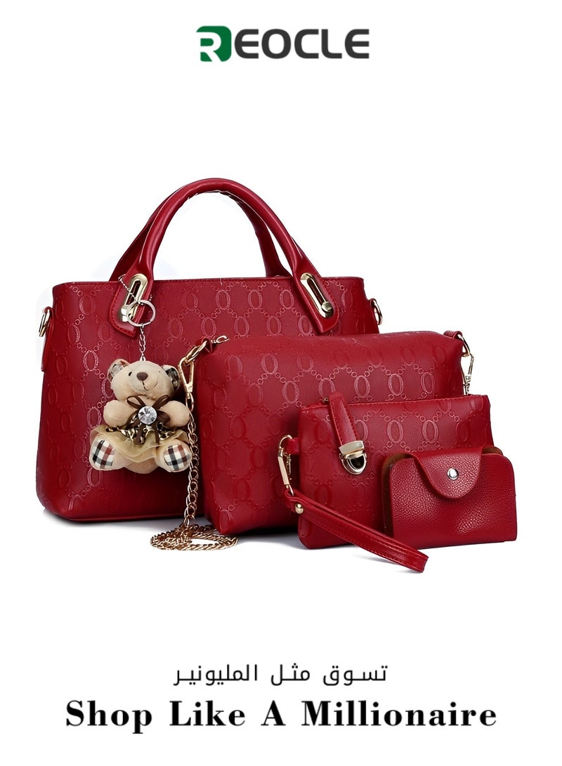 Women's 4 Pcs Handbags Set Top Handle Shoulder Crossbody Bag Handle Satchel Hobo Handbag Set Large Tote & Purse & Shoulder Bag & Card Holder Tote Bag