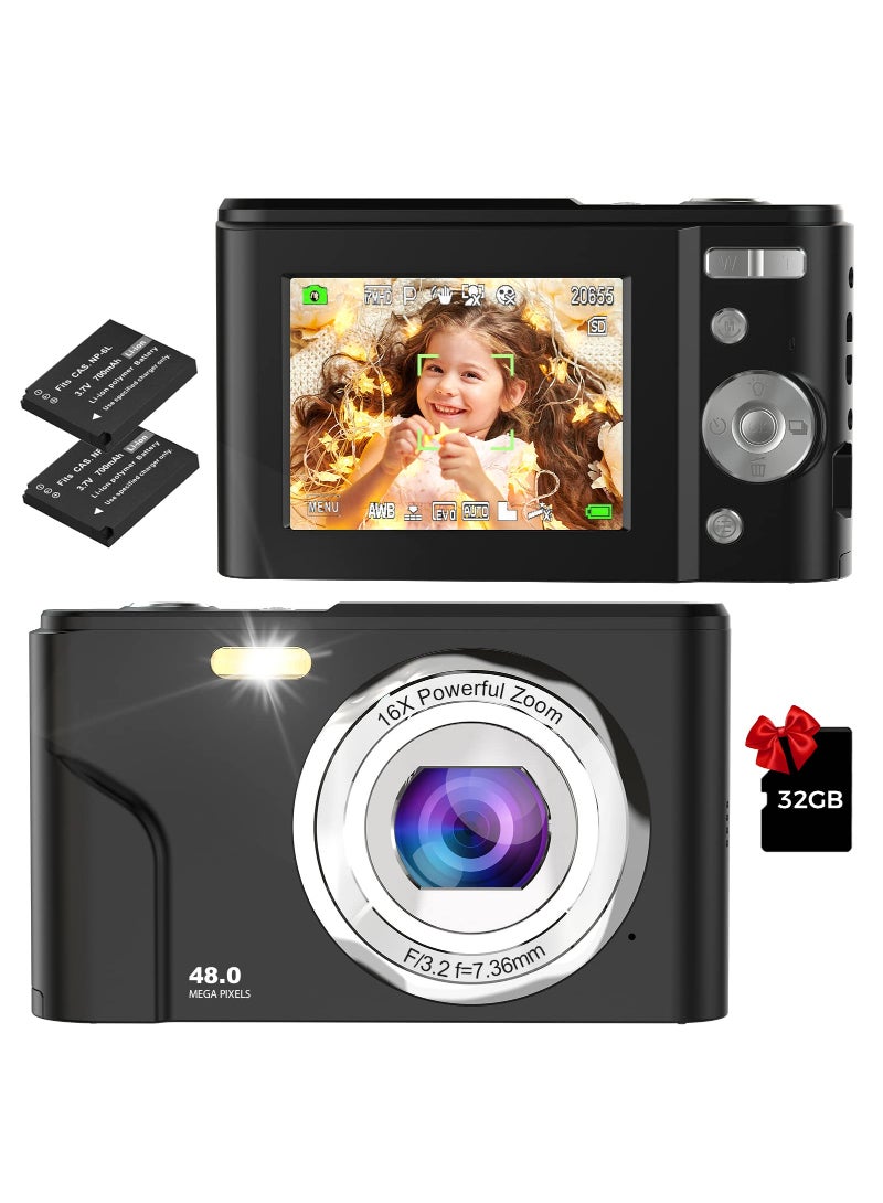 Digital Camera Autofocus Vlogging Camera Fhd 1080P 48MP With 16X Digital Zoom Compact Camera Portable Mini Camera Black
