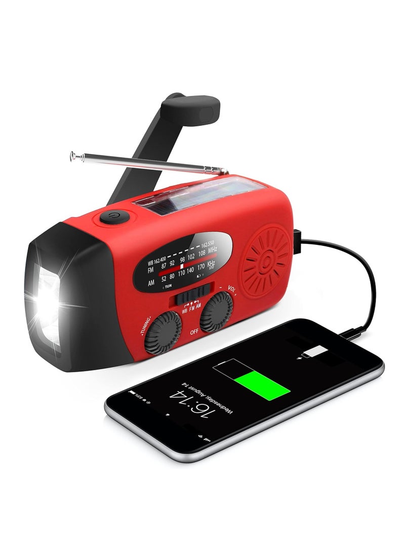 Emergency Hand Crank Radio with LED Flashlight, AM/FM NOAA Portable Weather Radio with 2000mAh Power Bank Phone Charger, USB Charged and Solar Power for Camping, Emergency