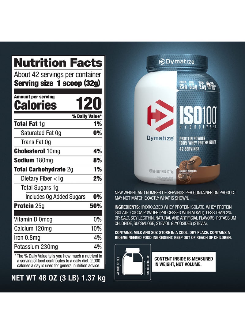 Iso 100 Hydrolyzed 100% Whey Protein Isolate Gourmet Chocolate 3Lb