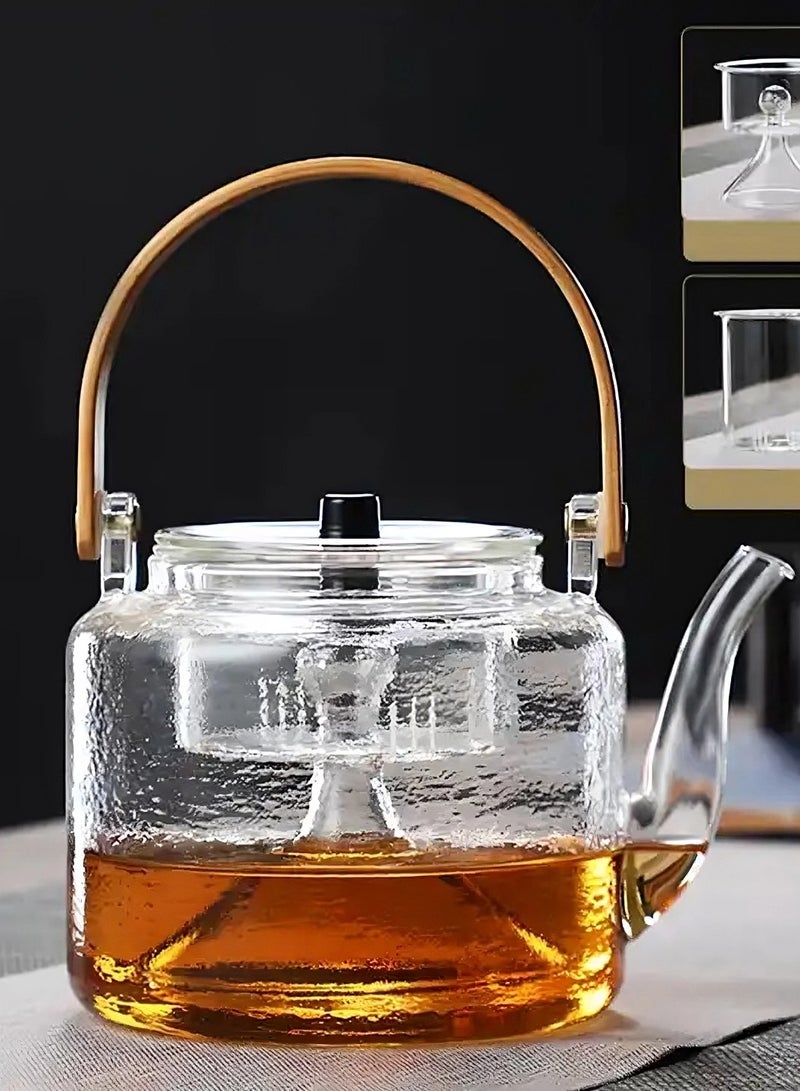 1000ml Heat-Resistant Glass Teapot with Strainer, Bamboo Handle, and Infuser - Ideal for Kung Fu Tea, Boiling Water, and Flower Pot Brewing - Explosion-Proof Design