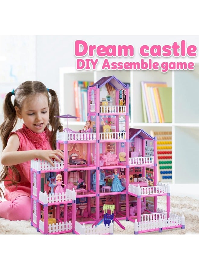 Doll House Building Toys with Lights to Assemble Kitchen, Bedroom, Furniture, Garden, Dolls, Pets, Pink Play Dream House for Girls, Girls Toddler DIY Ideas Gifts