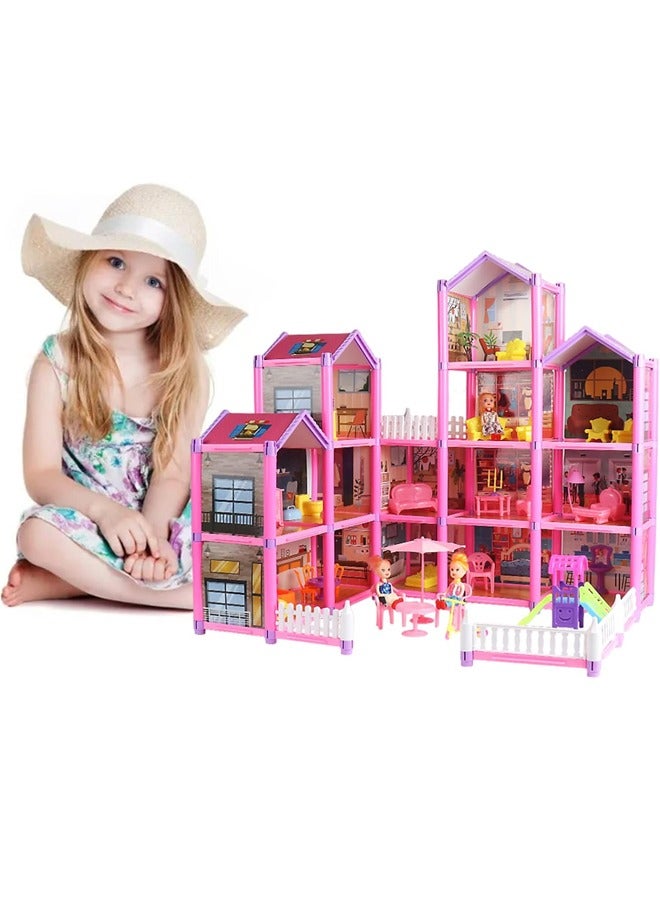 Doll House Building Toys with Lights to Assemble Kitchen, Bedroom, Furniture, Garden, Dolls, Pets, Pink Play Dream House for Girls, Girls Toddler DIY Ideas Gifts