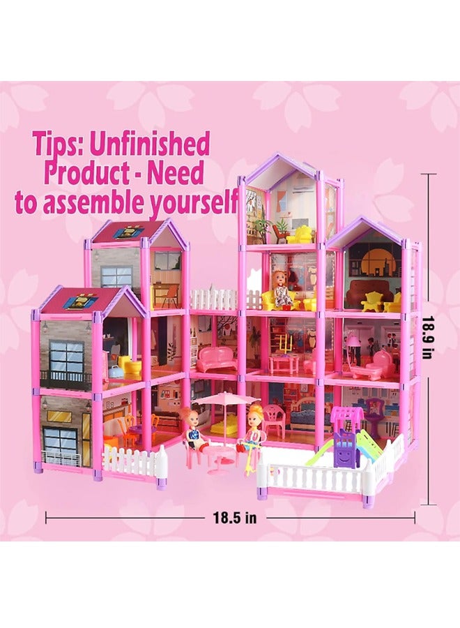 Doll House Building Toys with Lights to Assemble Kitchen, Bedroom, Furniture, Garden, Dolls, Pets, Pink Play Dream House for Girls, Girls Toddler DIY Ideas Gifts