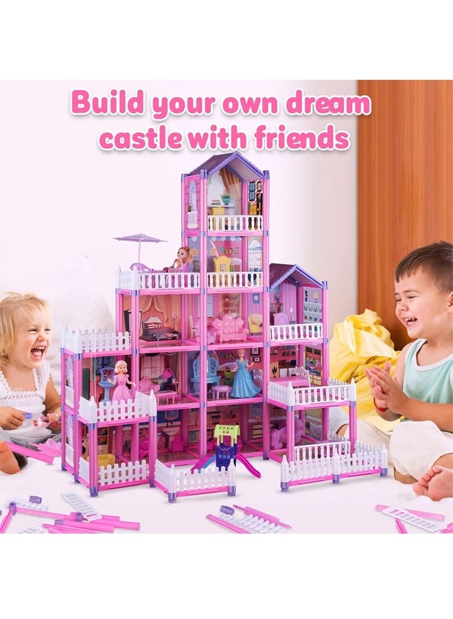 Doll House Building Toys with Lights to Assemble Kitchen, Bedroom, Furniture, Garden, Dolls, Pets, Pink Play Dream House for Girls, Girls Toddler DIY Ideas Gifts