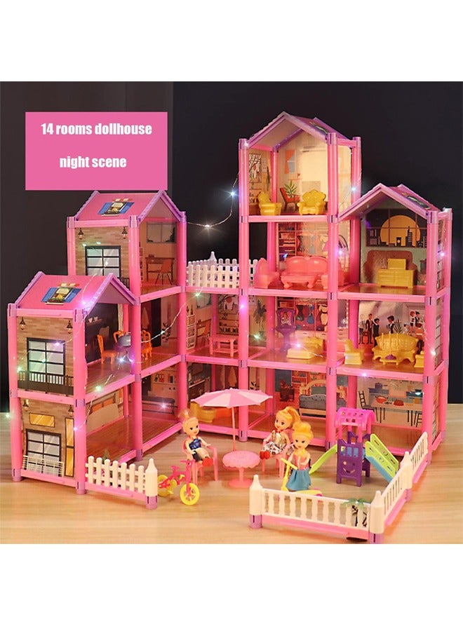 Doll House Building Toys with Lights to Assemble Kitchen, Bedroom, Furniture, Garden, Dolls, Pets, Pink Play Dream House for Girls, Girls Toddler DIY Ideas Gifts