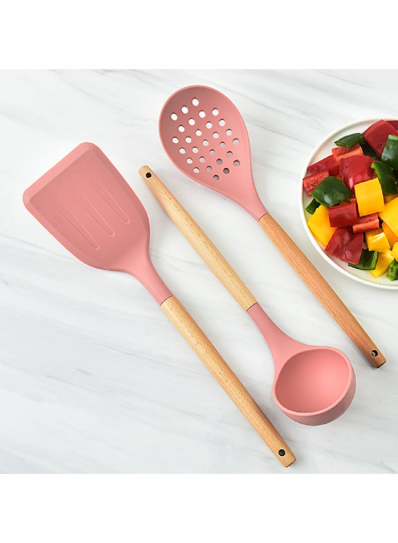Pink Silicone Spatula With Wooden Handle 11-Piece Kitchen Utensil Set
