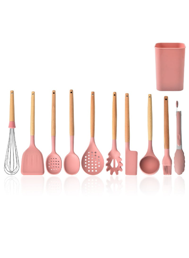 Pink Silicone Spatula With Wooden Handle 11-Piece Kitchen Utensil Set