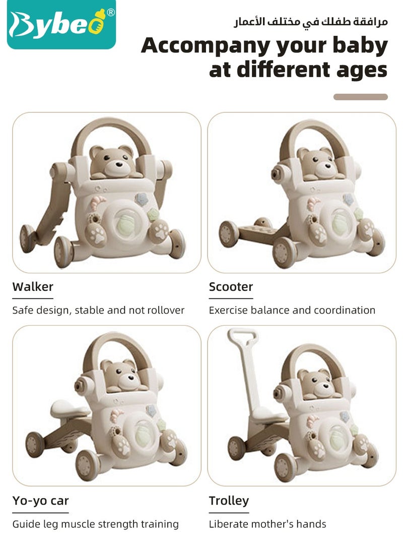 4-in-1 Baby Walker with Parent Push Handle, Baby Push Walker, Multifunctional Baby Sit to Stand Walker, Assembled as Scooter and Balance Bike with Detachable Panel, Gift for Infant Boys Girls