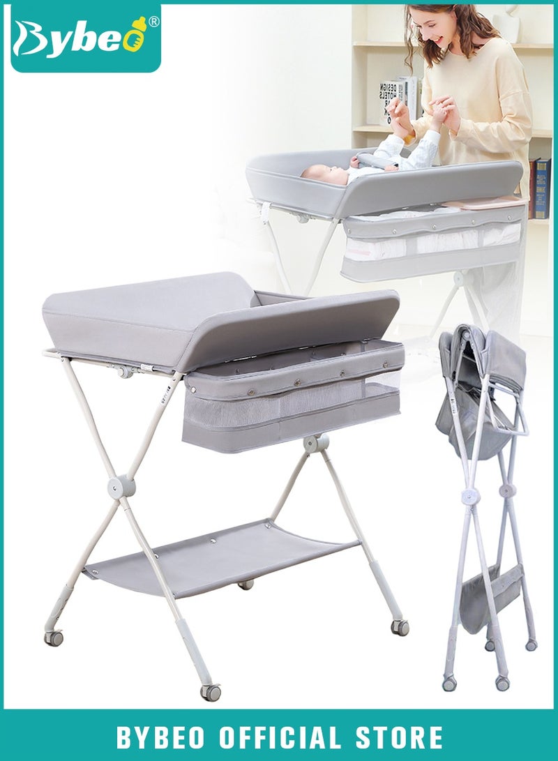 Baby Diaper Changing Table, Foldable Infant Diaper Station with Wheels, Nursery Organizer for Newborns, Babies Dresser Changing Table with Storage Boxs, Strengthen Bottom and 3 Adjustable Heights