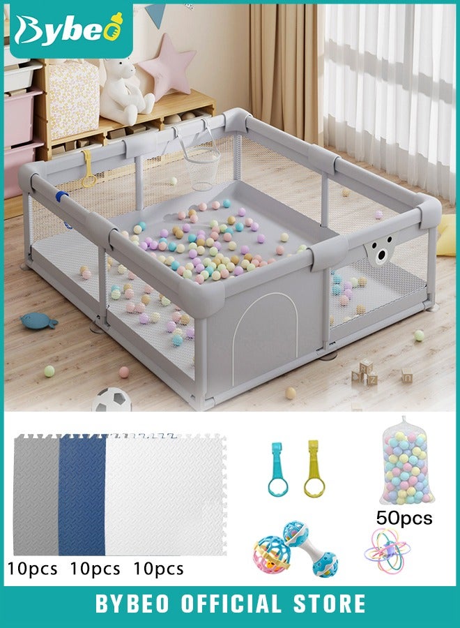 Baby Playpen Fence with Playmat, Sturdy Playard for Toddler, Infant Indoor & Outdoor Kids Activity Center With 50 PCS Ocean Balls and 3 Toys, 150*180CM