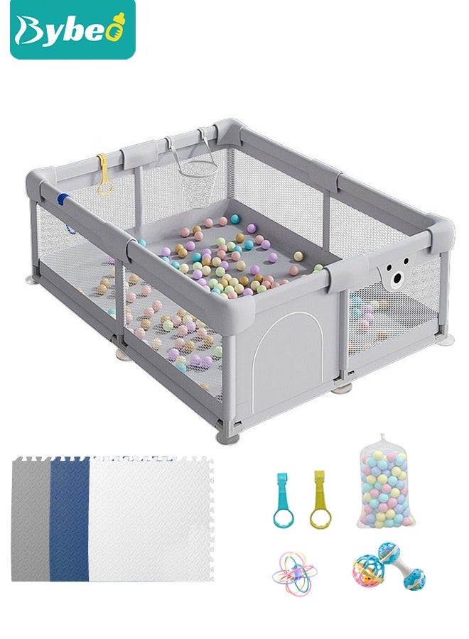 Baby Playpen Fence with Playmat, Sturdy Playard for Toddler, Infant Indoor & Outdoor Kids Activity Center With 50 PCS Ocean Balls and 3 Toys, 150*150CM