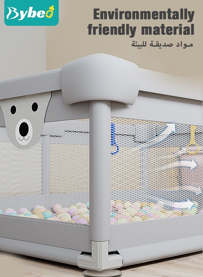 Baby Playpen Fence with Playmat, Sturdy Playard for Toddler, Infant Indoor & Outdoor Kids Activity Center With 50 PCS Ocean Balls and 3 Toys, 150*150CM