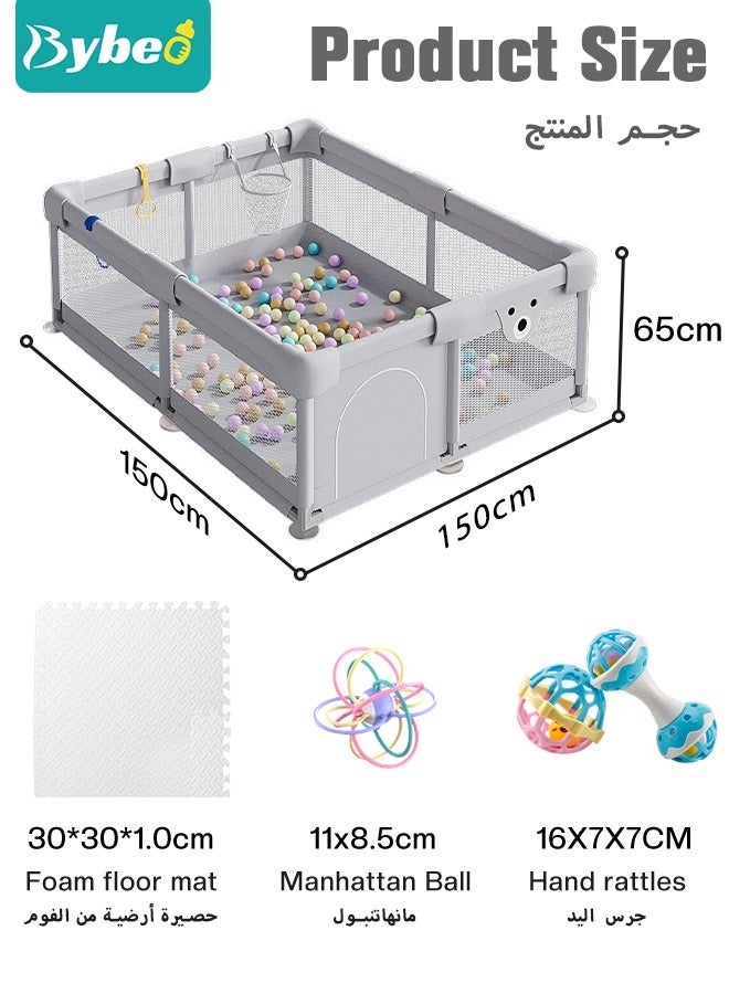 Baby Playpen Fence with Playmat, Sturdy Playard for Toddler, Infant Indoor & Outdoor Kids Activity Center With 50 PCS Ocean Balls and 3 Toys, 150*150CM