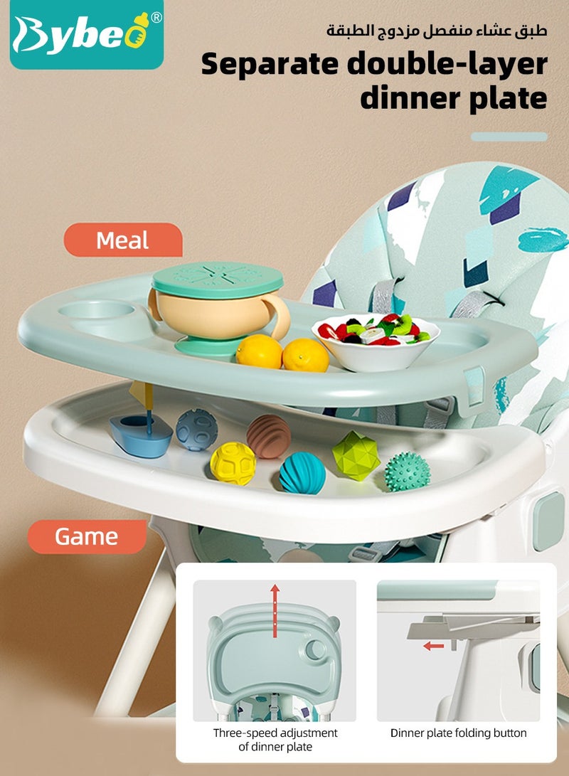 6 in 1 Baby High Chair for Toddlers, Foldable Babies Feeding Chairs, Multifunction Children's Dining Chair for Eating with Double Removable Tray and 4 Wheels and Footrest