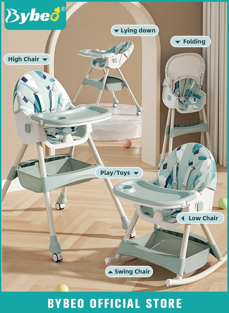 6 in 1 Baby High Chair for Toddlers, Foldable Babies Feeding Chairs, Multifunction Children's Dining Chair for Eating with Double Removable Tray and 4 Wheels and Footrest