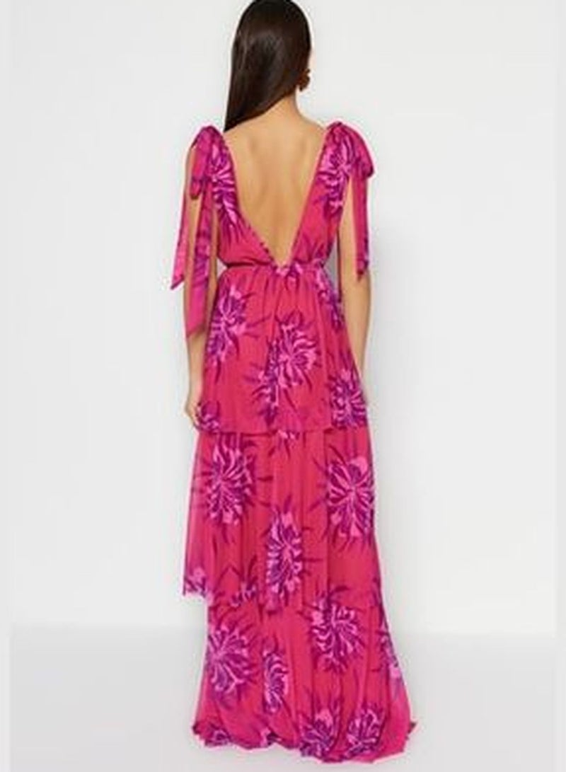 Pink-Multicolored Long Evening Dress Evening Wear With Open Waist/Skater Lined TPRSS23AE00140