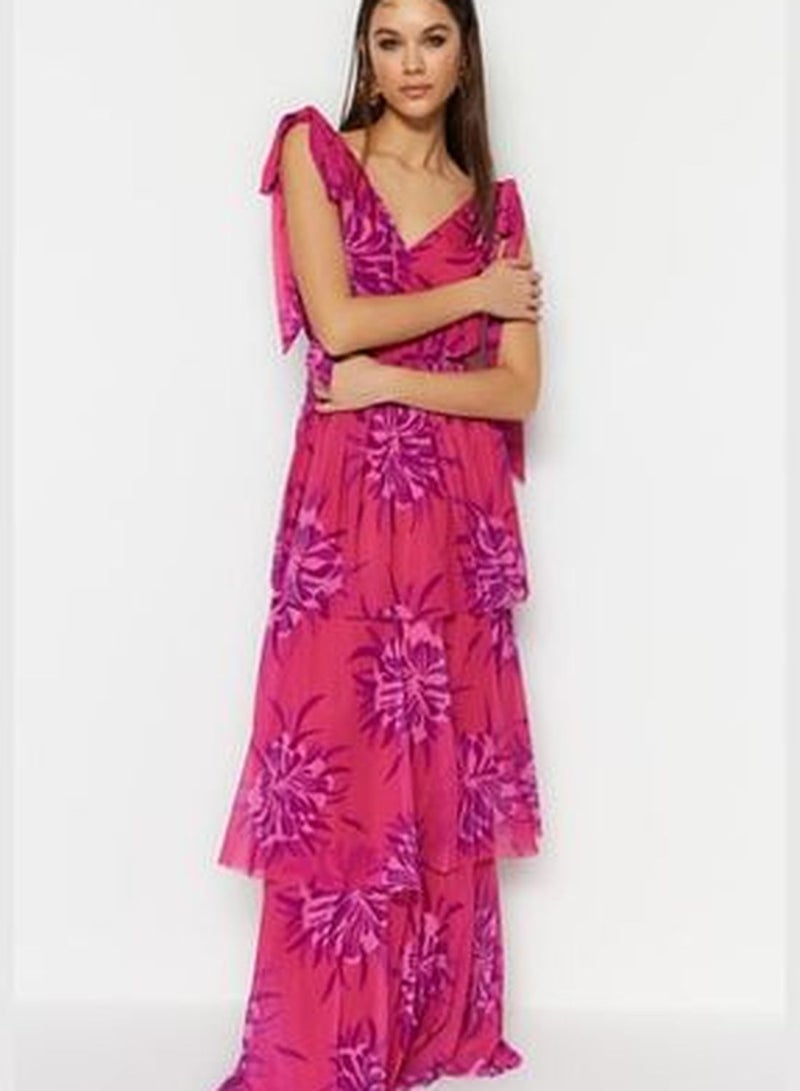 Pink-Multicolored Long Evening Dress Evening Wear With Open Waist/Skater Lined TPRSS23AE00140