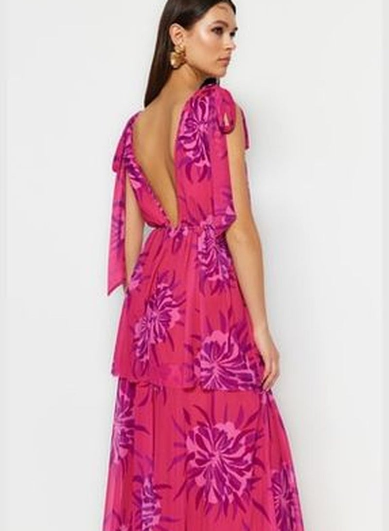 Pink-Multicolored Long Evening Dress Evening Wear With Open Waist/Skater Lined TPRSS23AE00140