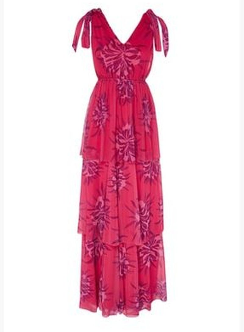 Pink-Multicolored Long Evening Dress Evening Wear With Open Waist/Skater Lined TPRSS23AE00140