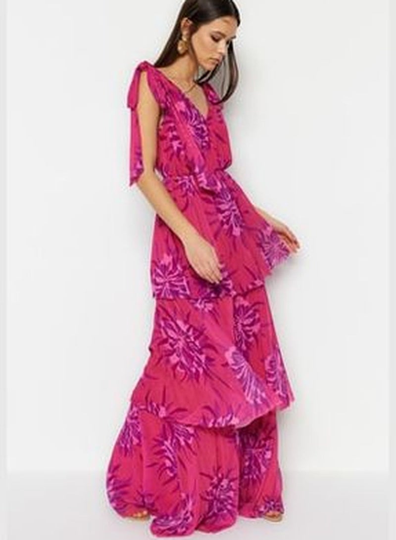 Pink-Multicolored Long Evening Dress Evening Wear With Open Waist/Skater Lined TPRSS23AE00140