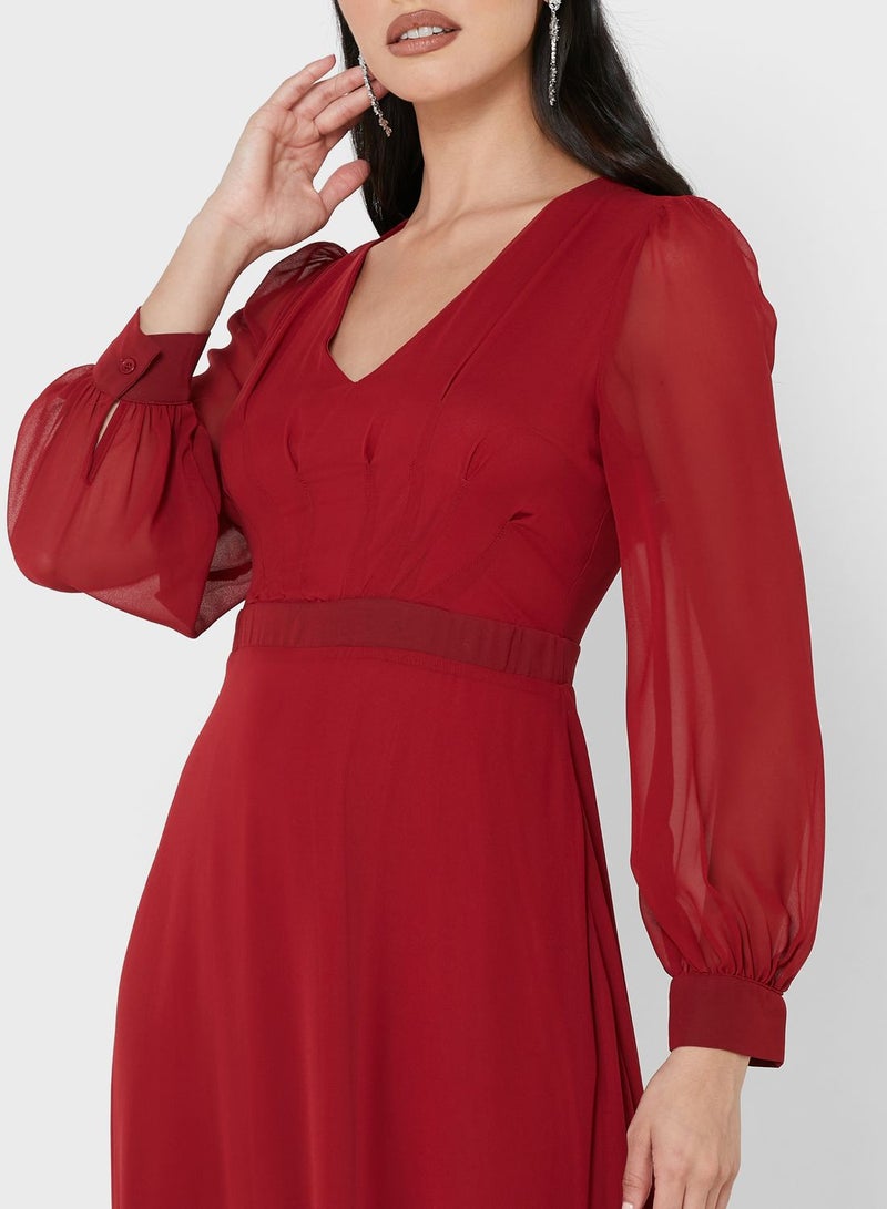 Sheer Sleeve Fit & Flare Dress