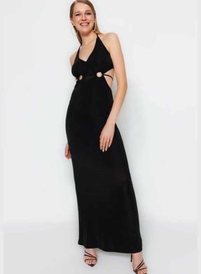 Black Fitted Knitted Window/Cut Out Detailed Shimmer Long Evening Evening Dress TPRSS23AE00015