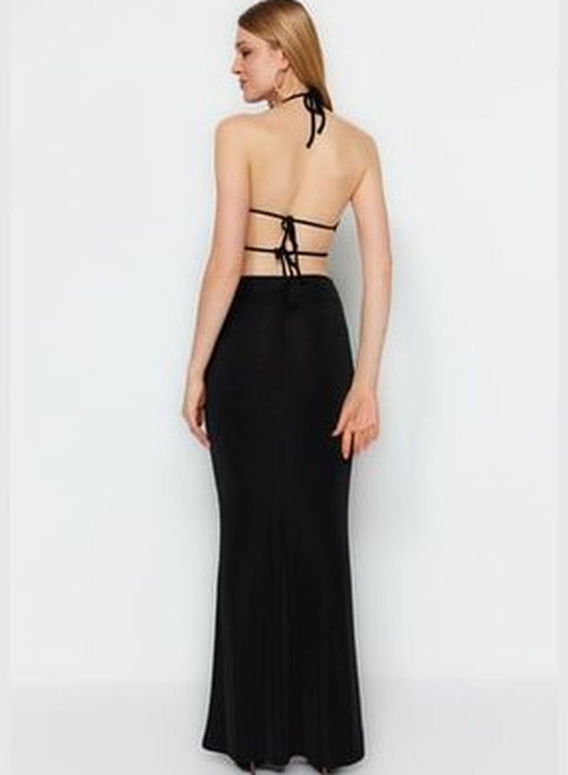 Black Fitted Knitted Window/Cut Out Detailed Shimmer Long Evening Evening Dress TPRSS23AE00015