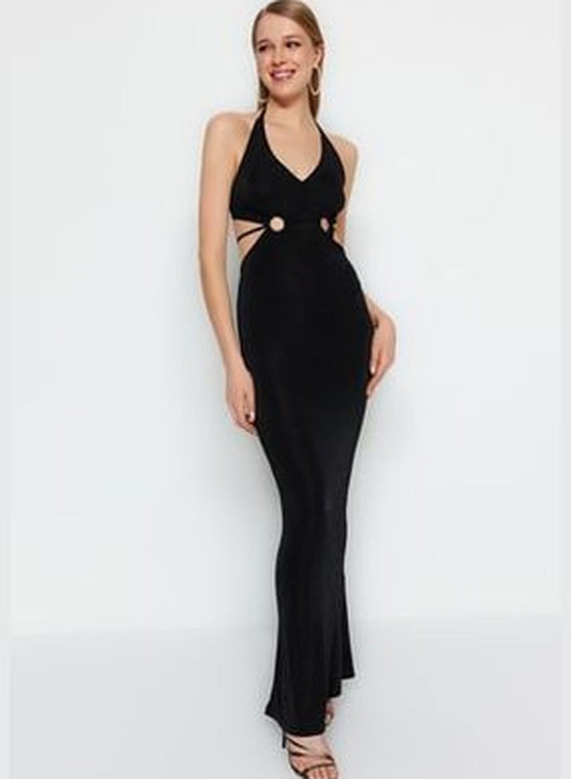 Black Fitted Knitted Window/Cut Out Detailed Shimmer Long Evening Evening Dress TPRSS23AE00015