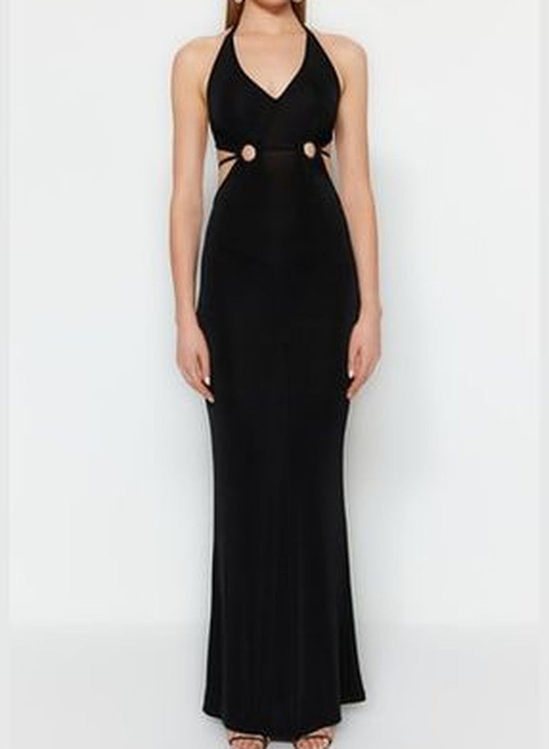 Black Fitted Knitted Window/Cut Out Detailed Shimmer Long Evening Evening Dress TPRSS23AE00015