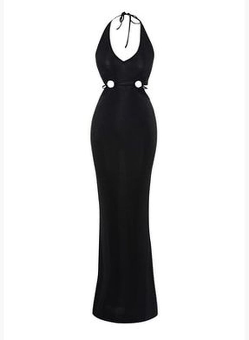 Black Fitted Knitted Window/Cut Out Detailed Shimmer Long Evening Evening Dress TPRSS23AE00015